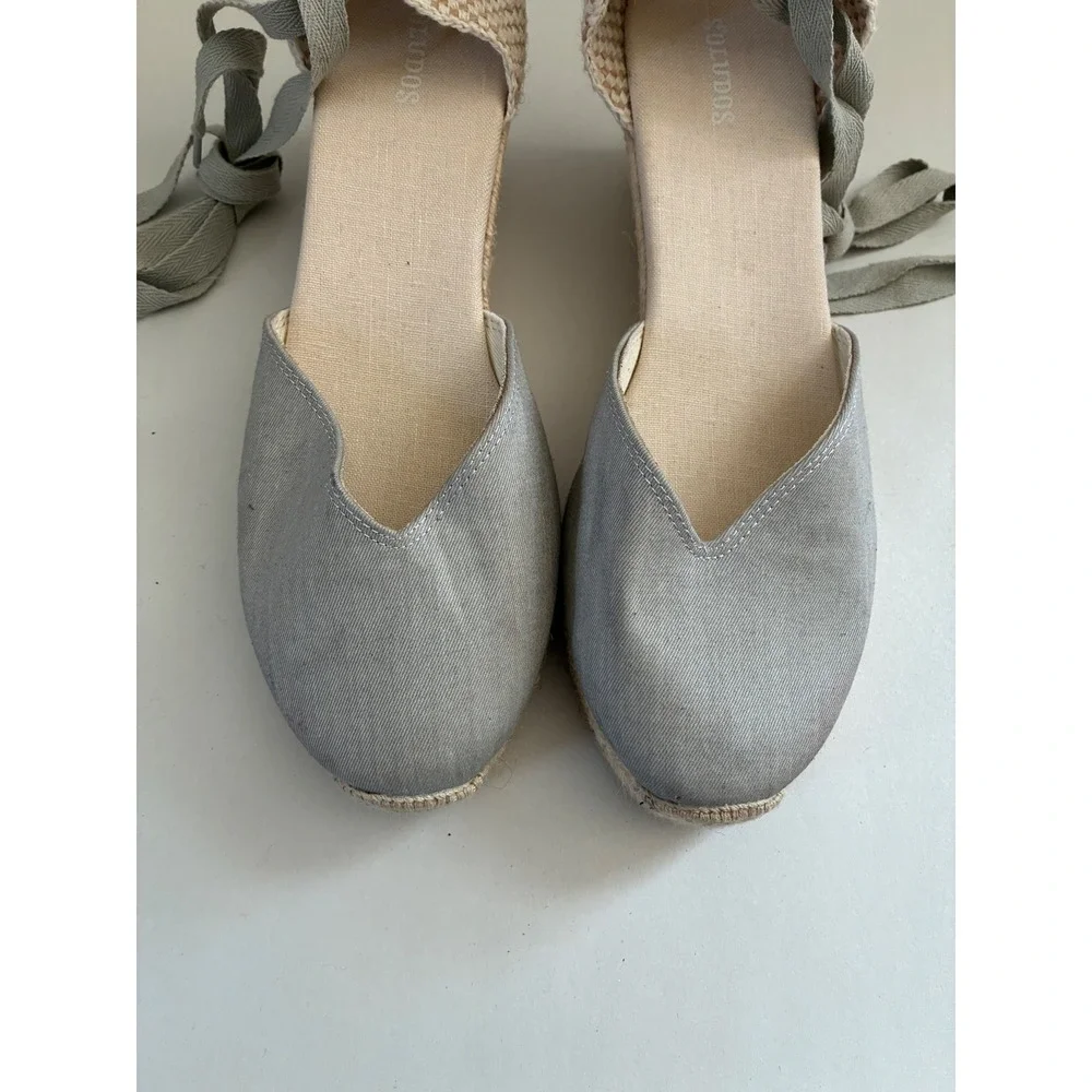 Soludos Womens Tall Wedge Espadrille Grey Canvas Ankle Tie Sandals 10